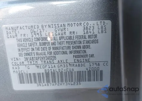 2017 Nissan Sentra Sv из США, поврежденный, VIN 3N1AB7AP2HY346235